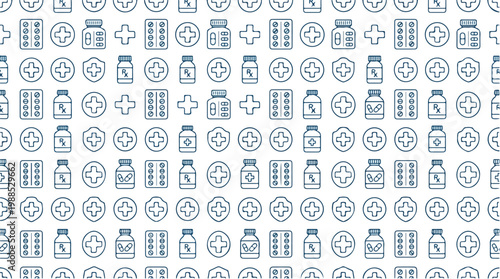 Seamless pattern of medical icons including pills, capsules, and bottles on a white background