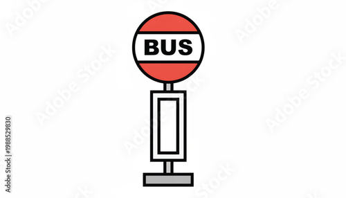 Bus stop sign icon with red and white circle and black outline for public transport wayfinding featuring transit, signage, route with commuter and