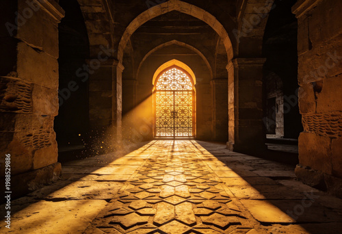 Historic stone hallway with arched door and ornate gate in sunlight