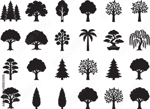 Collection of various stylized black tree silhouettes isolated on a white background for design