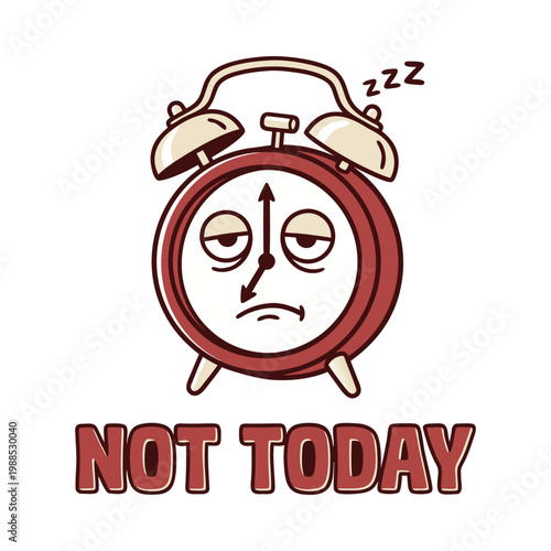 A cartoon alarm clock with a sleepy face