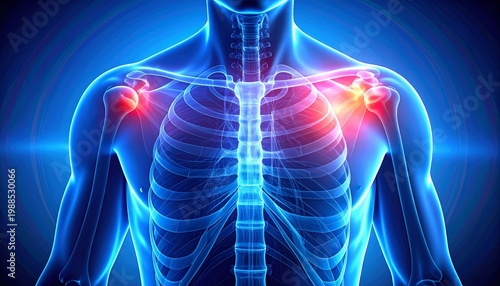 Digital medical illustration of upper torso, translucent blue ribcage and shoulders with glowing red highlights indicating pain.