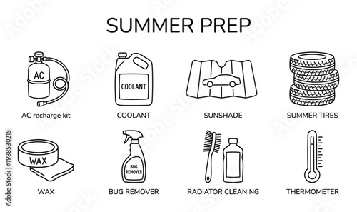 Summer prep kit outline icons for car care and maintenance in warm weather vector illustration