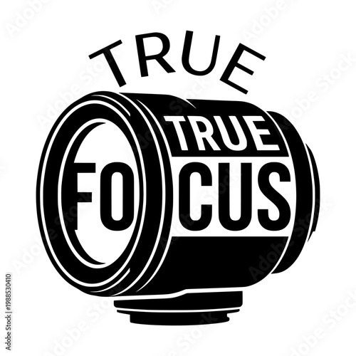 A black and white logo of a camera lens with the words true focus