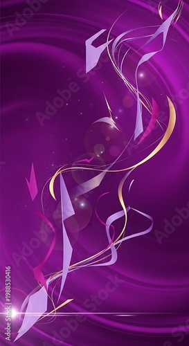 Abstract purple swirls with flowing ribbons and geometric shapes, ethereal glow