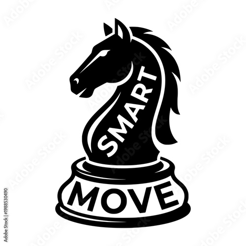 A black and white chess knight piece with smart move text