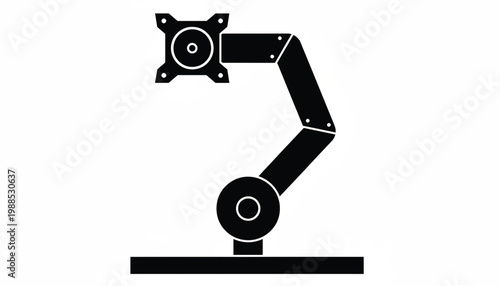 Gear and pipe machinery icon with mechanical arm and circular motor base on white background featuring actuator, industrial automation, piping with