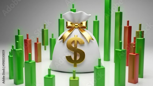 A large money bag with a gold dollar sign and bow surrounded by green and red VIDEO stock market bars representing money growth.