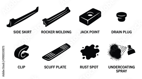 Vector fill collection of car underbody components and repair related icons