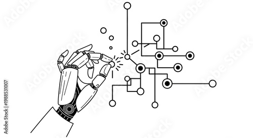 : Robot hand interacting with complex circuit board nodes and electrical paths.