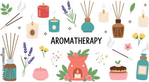 Cute Flat Style Aromatherapy Element Set with Candles, Reed Diffusers, Lavender, Aroma Lamp, Incense, and Flowers Vector Illustration