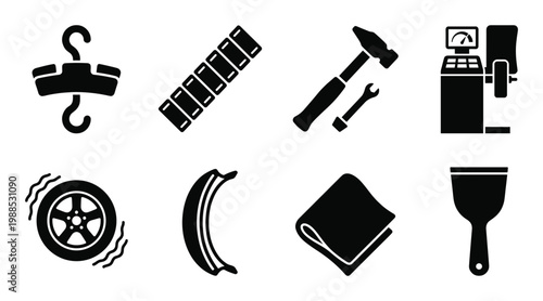 Wheel balancing equipment and weights silhouette icon collection for tire shop professional services