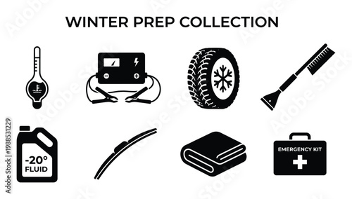Winter prep collection solid black icon set isolated on transparent background for vehicle safety