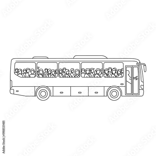 A black and white line drawing of a bus filled with people
