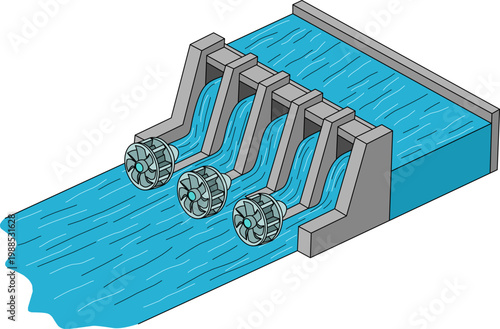 Technology dam in a power plant harnesses flowing waters energy. Suitable for renewable energy, future technology, hydroelectric power concepts.