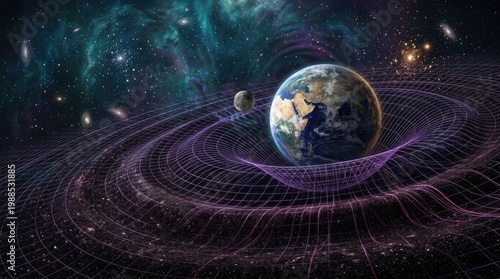 Earth, massive planet creating gravitational field, distorting spacetime continuum, showing general relativity, causing curvature, influencing moon orbit, illustrating cosmic physics.