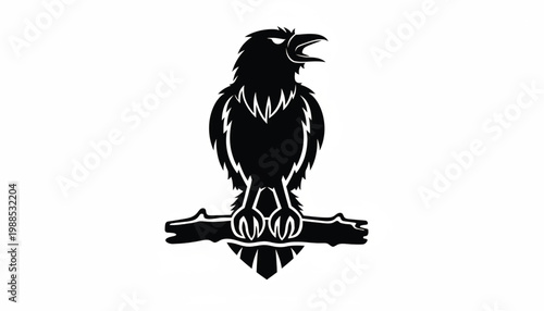 Raven bird mascot logo with sharp beak and spread wings, centered shield design for fantasy and gaming brands