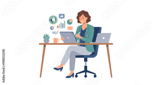 Professional woman sitting at desk with laptop.
