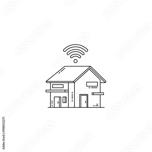 A simple line drawing of a house with a Wi-Fi signal above it