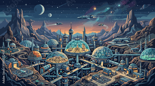 A vibrant vector illustration of a futuristic city with geodesic domes and flying spaceships on an alien planet, set against a starry night sky. Ideal for sci-fi, technology, and gaming concepts.