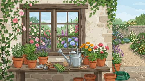 A vibrant vector illustration of a cozy garden window, featuring potted herbs, flowers, and gardening tools. Perfect for spring, nature, or hobby designs.