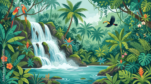 Vibrant vector illustration of a lush tropical rainforest featuring a cascading waterfall, colorful macaws, a toucan, and rich exotic plants. Ideal for travel, nature, kids' designs.