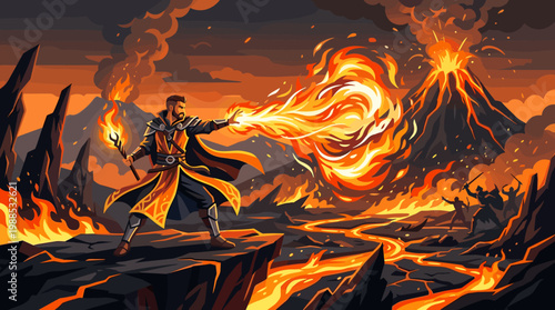 Epic fantasy vector art of a powerful mage casting a fire spell in a dark, volcanic landscape with an erupting volcano and flowing lava. Perfect for games, books, or adventure themes.