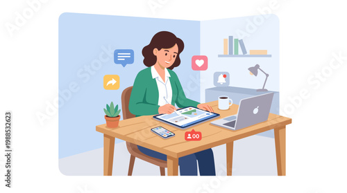Professional Woman Working At Desk In Office.