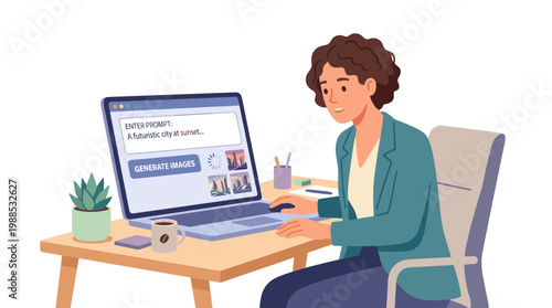 Professional woman seated at desk using laptop computer in office.
