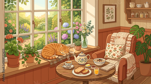 Charming vector illustration of a cozy morning. Cat sleeps by a sunny window overlooking a lush garden, with breakfast on the table. Ideal for home, lifestyle, relaxation.