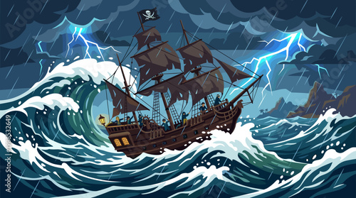 Dynamic vector illustration of a pirate ship battling a severe ocean storm. Large waves, lightning, and rain convey adventure and challenge. Ideal for themes of perseverance.