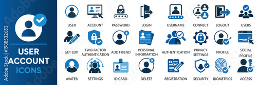 User Account Icon Set Vector Illustration, Solid Icons Collection Including Profile, Password, Login, Username, Avatar, Connect, Add Friend, and User Management Symbols