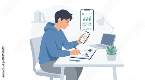 Professional designer working at desk with laptop and tablet.