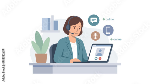 Professional Woman At Desk With Laptop And Headset.