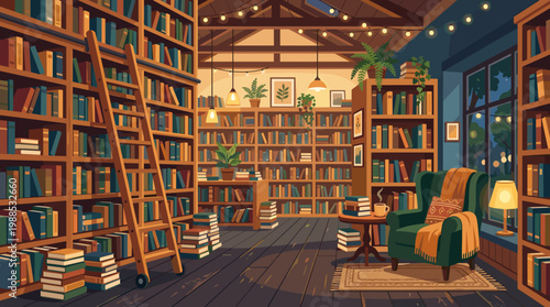 Inviting vector illustration of a cozy library filled with numerous books, a comfy armchair, and warm, ambient lighting. Ideal for promoting reading, education, and relaxation.