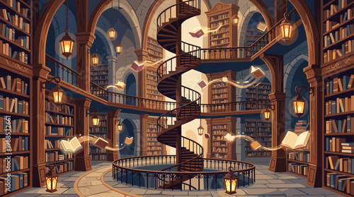 Magical vector library interior with floating books, spiral staircase, and warm lanterns. Perfect for fantasy, education, and creative projects, evoking wonder and knowledge.