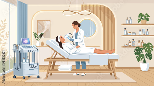 A client enjoys a relaxing facial treatment by a professional cosmetologist in a stylish, minimalist beauty salon. Perfect for spa, wellness, and skincare promotions.
