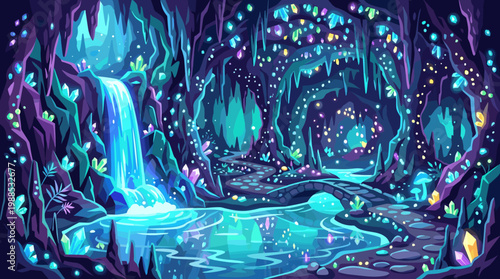 Mystical fantasy cave with a glowing waterfall, crystal formations, a serene river, and an enchanting bridge. Perfect for game backgrounds, fairytale themes, and dreamy designs.
