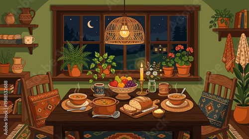 Cozy rustic dinner table with warm soup, fresh bread, fruit, and candlelight. Serene night view from window. Perfect for home decor, culinary content, or inviting atmosphere.