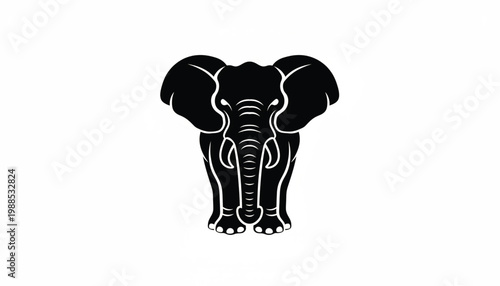 Elephant head logo with large ears and tusks in bold black silhouette with white outline vector icon