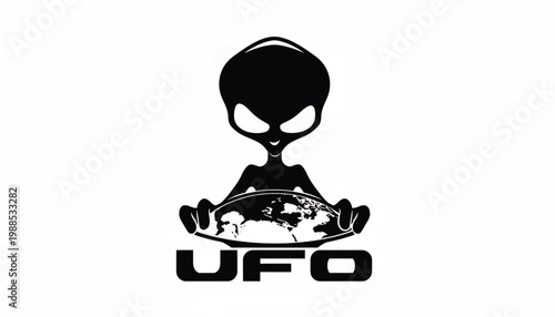 Alien UFO probe icon with global globe and hand sign forming UF0 cyber logo emblem featuring extraterrestrial, sci-fi, stealth with hacker and