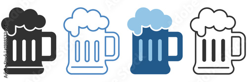 Beer mug icon set, alcohol drink bar flat style symbol on transparent background, pub and brewery beverage icon, simple modern vector illustration for menus and apps.