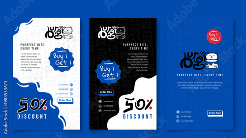 Social media template in blue white and black portrait design for burger restaurant advertisement