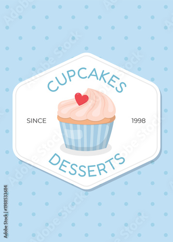 Bakery design template with blue muffin on polka dot blue background. Cupcake pastry shop design