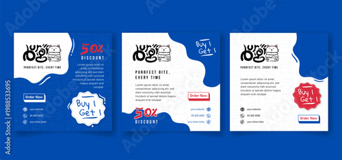 Social media post template in blue white design with waving shape for burger restaurant campaign