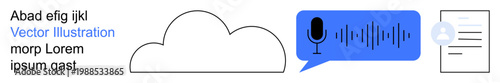 Cloud technology, voice recognition, data sharing, communication tools, document management, AI integration. Cloud icon, speech bubble with microphone and waveform and document. Cloud technology