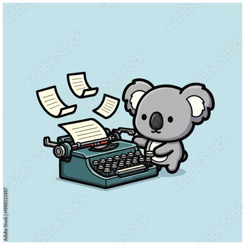 Koala using old typewriter machine.