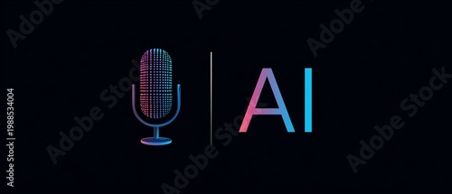 A futuristic microphone and AI logo on a sleek black background