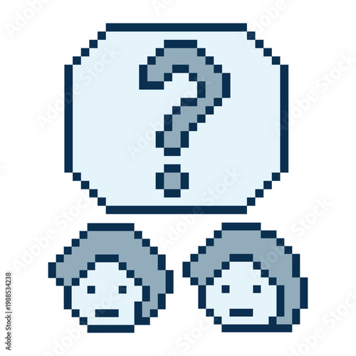 Cute man male with question mark 8 bit confuse question idea with think,choose,cartoon,pixel.