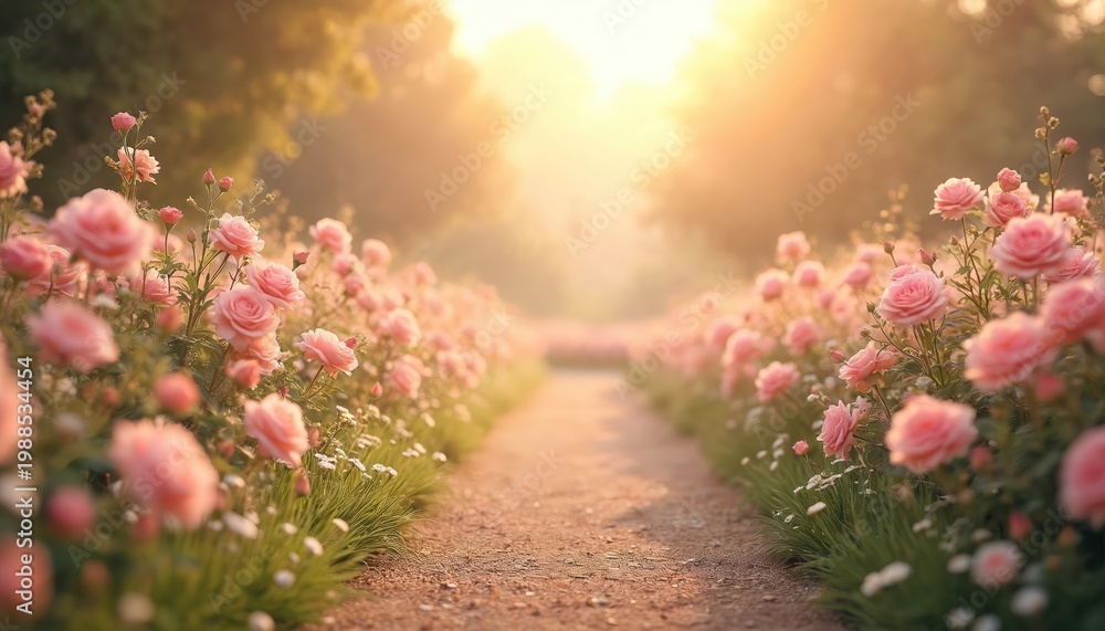 Obraz premium Soft focus path through rose garden in warm sunlight. Pink flowers bloom on both sides. Gentle light filters through trees creating a dreamy atmosphere perfect for romance or events.